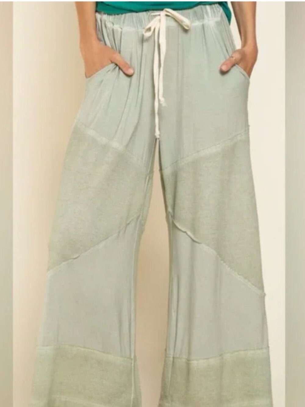 POL Wide Leg Pants S/M | Sage Green Drawstring Waist Relaxed Boho